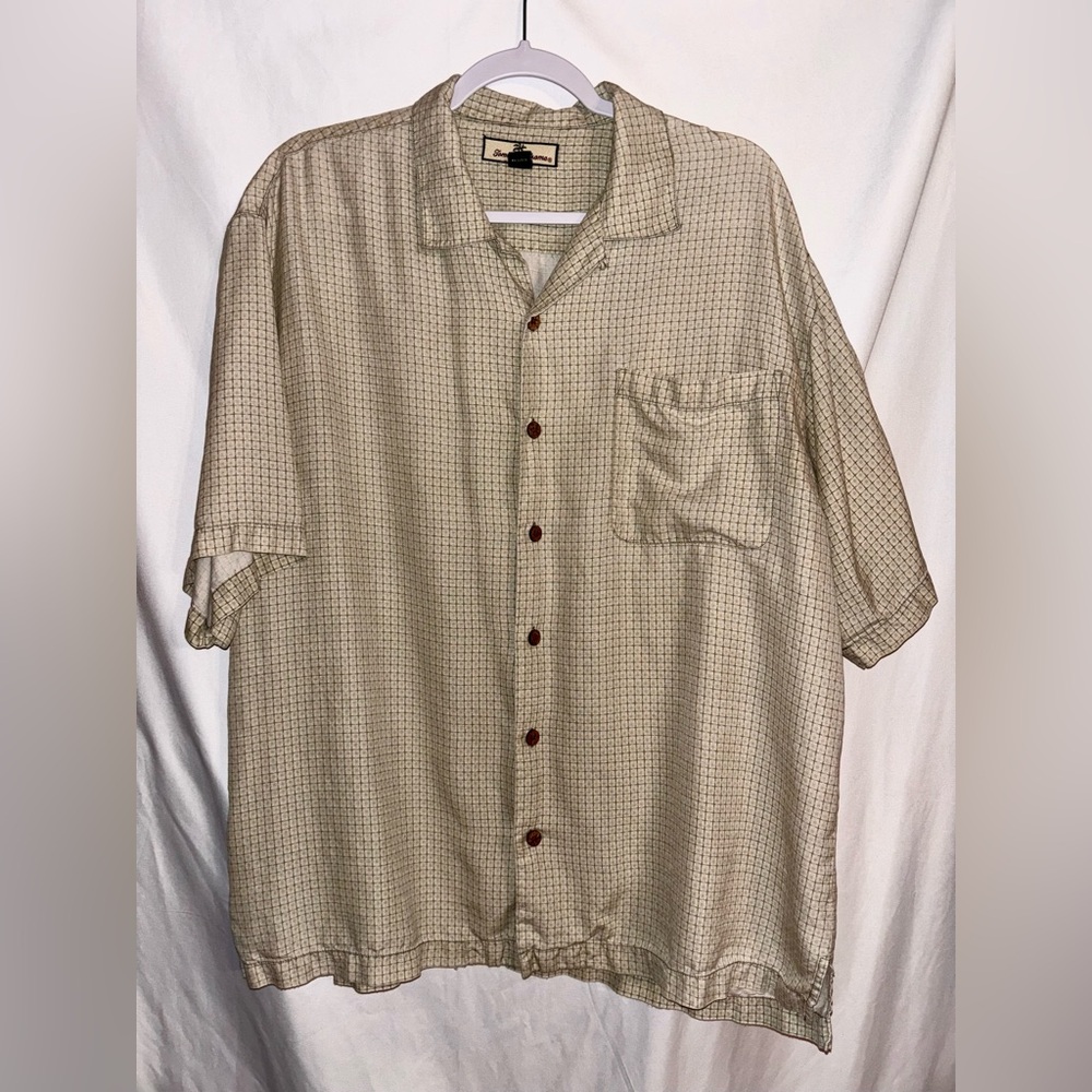 Tommy Bahama Tropical Floral Green, Wood Button Down Men's Short Sleeve Shirt L